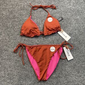 Hurley Women Size XL Solid Reversable Cheeky Tie Side Bikini Set Pink Brown NEW